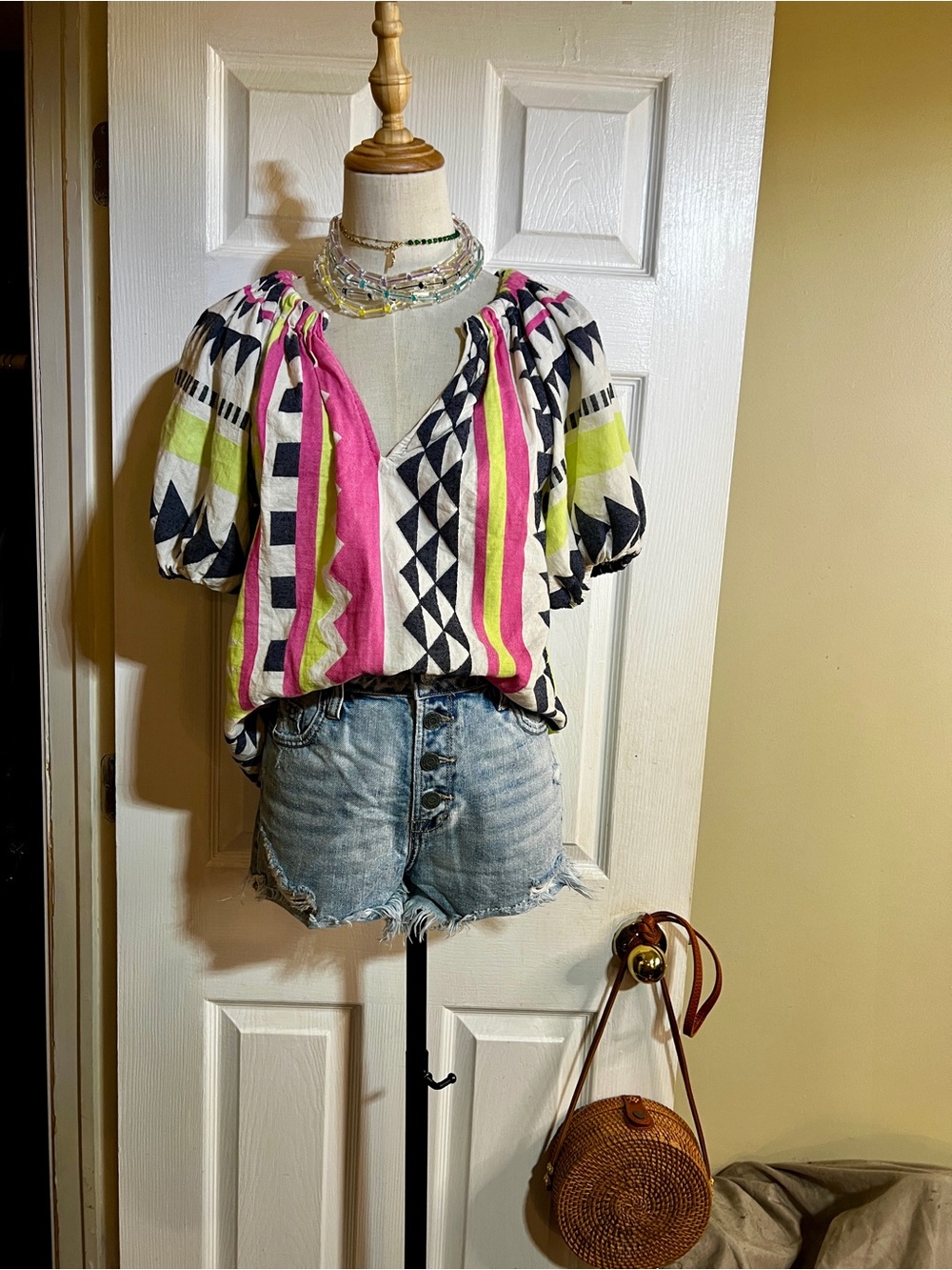 Velvet By Graham& Spencer Marie Neon Jacquard Geo Print Cotton Boho Tunic Top XS